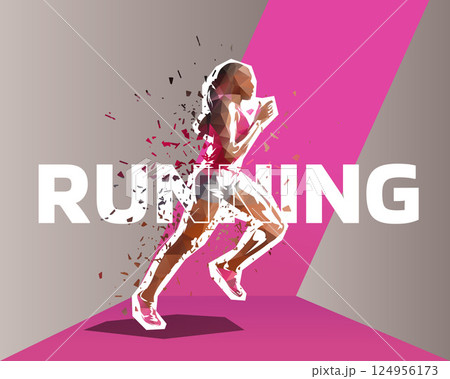 Run poster, running woman, low poly isolated vector illustration. Side view. Female runner banner Run poster, running woman, low poly isolated vector illustration. Side view. Female runner banner 124956173