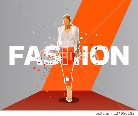 Fashion graphic design, low polygonal fashion female model caltwalk on stage. Web banner Fashion graphic design, low polygonal fashion female model caltwalk on stage. Web banner 124956182
