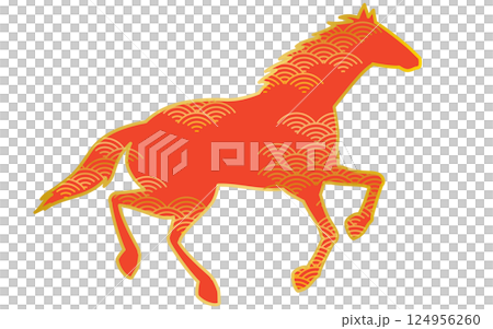 奔跑的駿馬剪影，帶有日本風格的青外波圖案，是 2026 年馬年生肖的日式風格材料 124956260