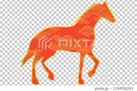 行走的馬的輪廓,帶有日本風格的青外波圖案,這是 2026 年馬年生肖的日式材料 行走的馬的輪廓,帶有日本風格的青外波圖案,這是 2026 年馬年生肖的日式材料 124956261