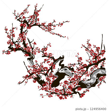 Minimal Sakura Branch in Japanese Style. Sakura Blossom Japanese Ink Illustration Minimal Sakura Branch in Japanese Style. Sakura Blossom Japanese Ink Illustration 124956400