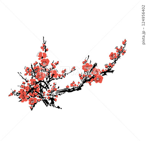 Realistic Sakura Blossom - Japanese Cherry Tree. Artistic Branch Plum Blossom. Vector 124956402