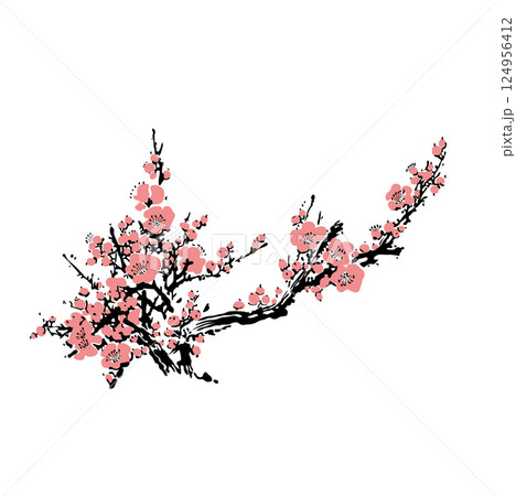 Realistic Sakura Blossom - Japanese Cherry Tree. Artistic Branch Plum Blossom. Vector Realistic Sakura Blossom - Japanese Cherry Tree. Artistic Branch Plum Blossom. Vector 124956412