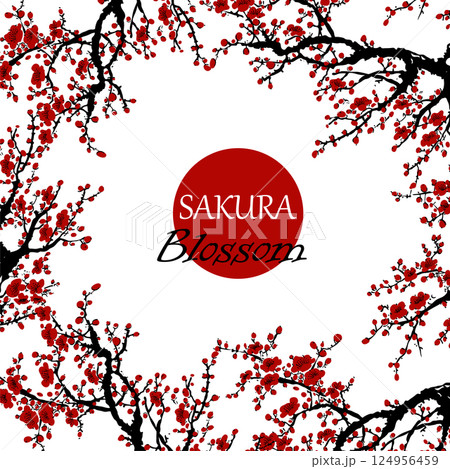 Realistic Sakura Blossom - Japanese Cherry Tree. Artistic Branch Plum Blossom. Vector Realistic Sakura Blossom - Japanese Cherry Tree. Artistic Branch Plum Blossom. Vector 124956459