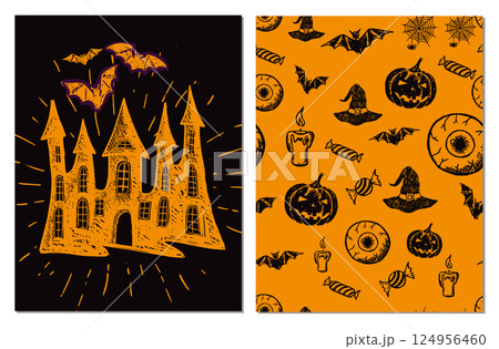 Halloween horror night vector background. Hand drawn illustration. Halloween horror night vector background. Hand drawn illustration. 124956460