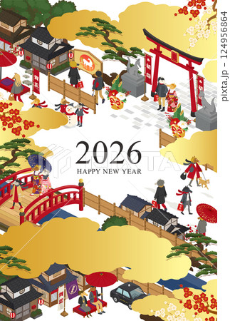 和風な街並みと馬の2026年牛年の年賀状テンプレート(ベクターイラスト、馬年) 124956864