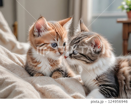 室内でリラックスする猫たち 124956946