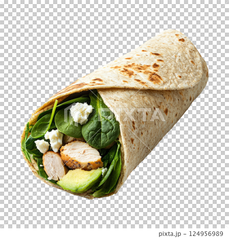 Healthy turkey and spinach wrap with whole wheat tortilla, avocado slices, and feta cheese, isolated on white 124956989