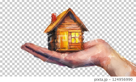 Hand presenting a small wooden cottage, representing cozy home living, isolated on white 124956990