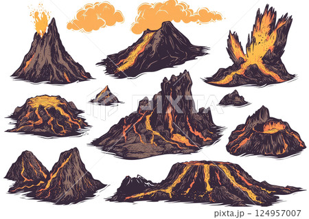 volcanic terrain elements, including lava flows, active craters, and blackened rocky slopes,white background 124957007