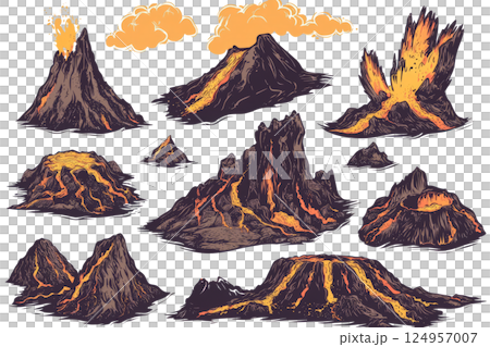 volcanic terrain elements, including lava flows, active craters, and blackened rocky slopes,white background 124957007