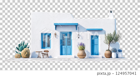 traditional Greek island house with whitewashed walls and blue accents 124957041