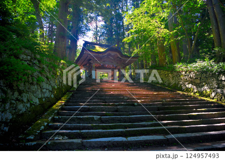 中国地方・大山隠岐国立公園・大神山神社奥宮、石畳の参道にある後向き門・鳥取県大山町(1) 124957493