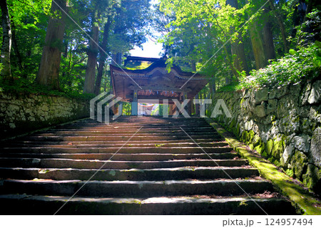 中国地方・大山隠岐国立公園・大神山神社奥宮、石畳の参道にある後向き門・鳥取県大山町(2) 124957494