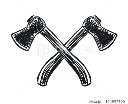 Two crossed axe, hand drawn illustration. Two crossed axe, hand drawn illustration. 124957509