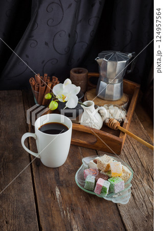 Traditional Turkish delight food background. Assorted. Sweet delicious lukum Traditional Turkish delight food background. Assorted. Sweet delicious lukum 124957564