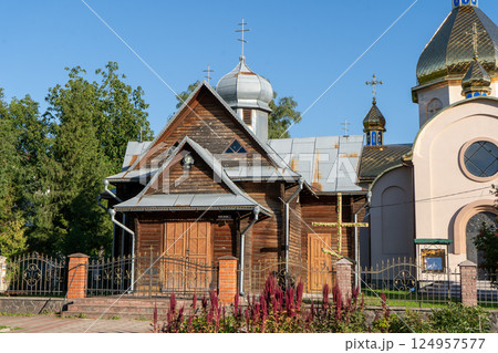 Ukrainian church in the village of Vyhoda. Ukrainian prayer house. Wooden modern architecture. Ukrainian church in the village of Vyhoda. Ukrainian prayer house. Wooden modern architecture. 124957577