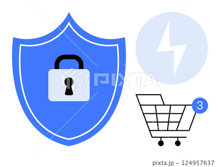 Shield with padlock symbolizing security, a lightning bolt representing energy or speed, and a shopping cart with a 3 notification. Ideal for cybersecurity, e-commerce, online shopping, electrics 124957637