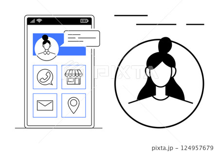 Mobile app screen with profile icon, chat bubble, contact options including call, store, email, and location. Portrait of user with bun hairstyle. Ideal for user profile interfaces, mobile apps Mobile app screen with profile icon, chat bubble, contact options including call, store, email, and location. Portrait of user with bun hairstyle. Ideal for user profile interfaces, mobile apps 124957679