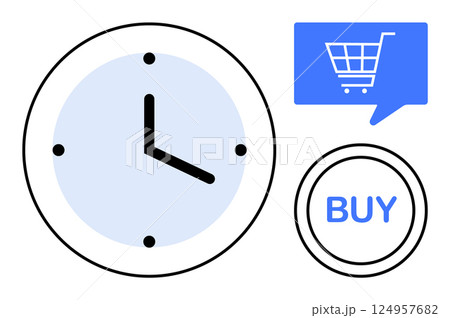 Clock icon with black hands on blue background, blue speech bubble with shopping cart, and BUY button. Ideal for e-commerce, online shopping, urgency marketing, sales promotion, business timing 124957682