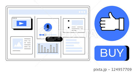 Webpage with various content elements including video, voice command, image, and analytics. Thumbs up icon and large BUY button for engagement. Ideal for e-commerce, digital marketing, online Webpage with various content elements including video, voice command, image, and analytics. Thumbs up icon and large BUY button for engagement. Ideal for e-commerce, digital marketing, online 124957709