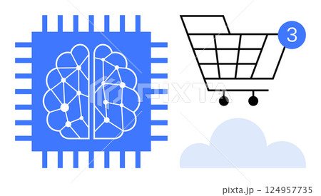 Blue processor with neural brain icon, shopping cart with notification badge, and cloud. Ideal for AI integration, e-commerce, online shopping, cloud computing, digital marketing, future technology 124957735