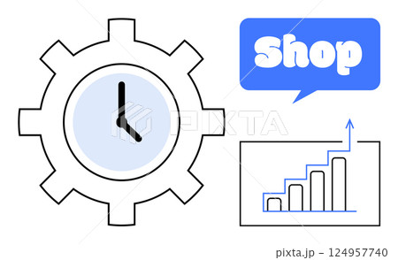 Clock inside a gear, blue shop speech bubble, bar chart with an upward trend line. Ideal for business, e-commerce, productivity, growth, time management. Simple minimalist style 124957740