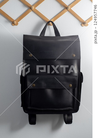 Black leather backpack. Classic city bag. Accessory Black leather backpack. Classic city bag. Accessory 124957746