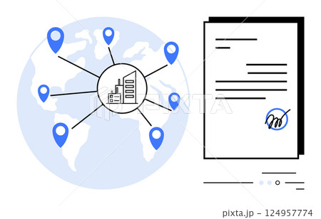 World map with location markers connecting to a central business hub, next to a signed document. Ideal for global business, agreements, logistics, partnerships, outsourcing, international trade 124957774