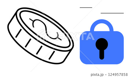 Visible are a coin with a dollar symbol and a blue padlock. Ideal for financial security, online safety, secure transactions, digital finance, and investment protection. Modern vector style 124957858