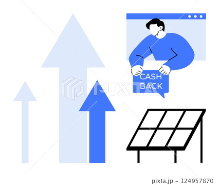 Arrows pointing upwards, a man holding a cash back sign, and solar panels demonstrate growth, financial savings, sustainability, and clean energy benefits. Ideal for renewable energy, financial 124957870