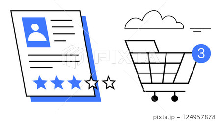 Customer review featuring 4-star rating next to shopping cart with notification. Ideal for consumer feedback, online shopping, e-commerce, customer experience, product rating, digital marketing Customer review featuring 4-star rating next to shopping cart with notification. Ideal for consumer feedback, online shopping, e-commerce, customer experience, product rating, digital marketing 124957878