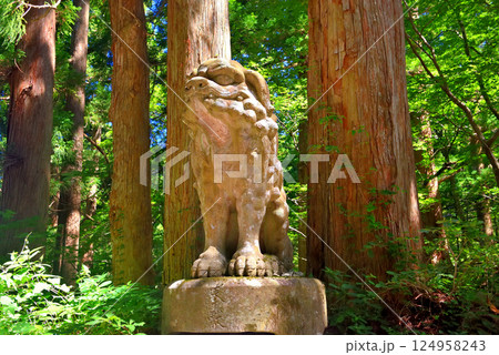 中国地方・大山隠岐国立公園・大神山神社奥宮、後向き門の奥で本殿を守る巨大な狛犬・鳥取県大山町(3) 中国地方・大山隠岐国立公園・大神山神社奥宮、後向き門の奥で本殿を守る巨大な狛犬・鳥取県大山町(3) 124958243