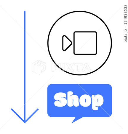 Large arrow pointing downward alongside a video play icon inside a circle with a speech bubble containing text Shop. Ideal for online shopping, navigation, e-commerce, video content integration Large arrow pointing downward alongside a video play icon inside a circle with a speech bubble containing text Shop. Ideal for online shopping, navigation, e-commerce, video content integration 124958538