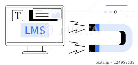Computer screen displaying LMS, text, and image components with a large magnet attracting elements. Ideal for education, online learning, digital content, user interface, marketing, engagement Computer screen displaying LMS, text, and image components with a large magnet attracting elements. Ideal for education, online learning, digital content, user interface, marketing, engagement 124958539