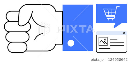Hand clenched into a fist, blue sleeve, shopping cart speech bubble, webpage icon. Ideal for business strategy, determination, e-commerce, marketing, web design, online shopping, branding. Line 124958642