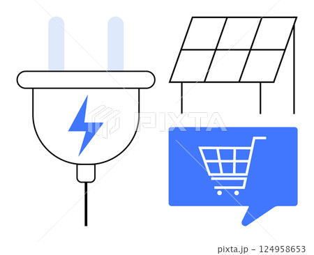 Energy plug with lightning bolt, solar panel, and shopping cart icon. Ideal for sustainable energy, e-commerce, renewable resources, eco-friendly solutions, green technology, electrical innovations Energy plug with lightning bolt, solar panel, and shopping cart icon. Ideal for sustainable energy, e-commerce, renewable resources, eco-friendly solutions, green technology, electrical innovations 124958653