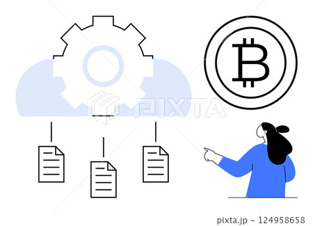 Gear and cloud symbol with connected documents demonstrates cloud computing and data management. Bitcoin icon signifies cryptocurrency. Person in blue points at elements. Ideal for technology, cloud 124958658