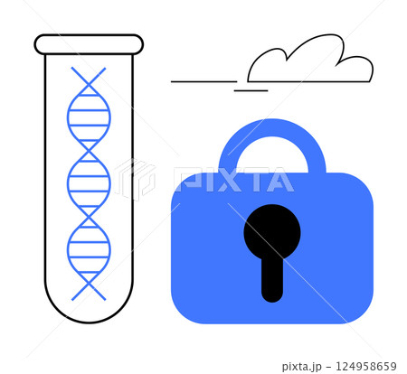 DNA double helix inside a test tube next to a blue lock icon and cloud. Ideal for genetics, data security, biotechnology, data privacy, and cloud computing themes. Simple outline style 124958659