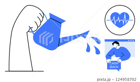 Hand pouring water with icons of heart rate and cashback. Ideal for finance, health, growth, business development, and investment themes. Minimalistic, modern, clean style. Blue and white colors 124958702