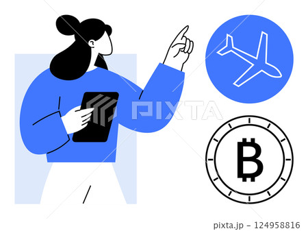 Woman gestures while holding a tablet, pointing towards a plane symbol and bitcoin coin icon. Ideal for finance, business, cryptocurrency, travel, digital economy, technology, modernity themes. Line 124958816
