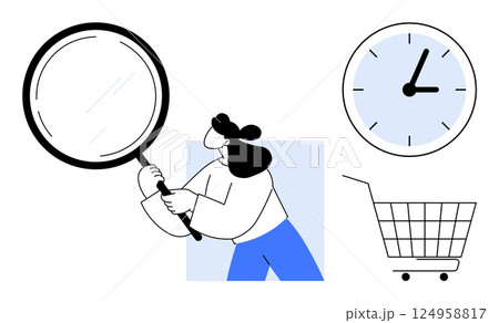 Woman holding magnifying glass, examining time and shopping cart. Ideal for business analysis, time management, shopping efficiency, consumer behavior, and decision making. Simple clean minimalist 124958817