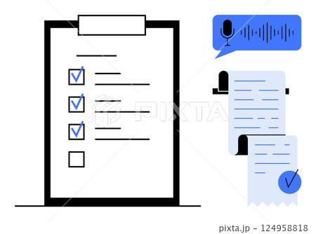 A checklist with checkboxes, a voice command represented by a microphone and sound wave, and a printed receipt with a checkmark. Ideal for productivity, task management, technology, customer service 124958818