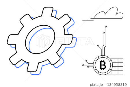 Outline drawing of a large gear, cloud, and Bitcoin symbol with circuitry. Ideal for technology, cryptocurrency, engineering, blockchain, and financial themes. Modern, clean and minimalist style 124958819
