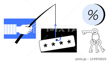 Hand holding fishing rod with password on hook, keys, and percentage sign illustrating cyber threats, identity theft, and online fraud. Ideal for data protection, IT security, phishing awareness Hand holding fishing rod with password on hook, keys, and percentage sign illustrating cyber threats, identity theft, and online fraud. Ideal for data protection, IT security, phishing awareness 124958820