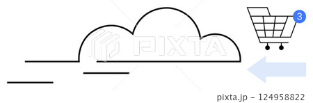 Cloud icon with shopping cart and notification bubble indicating three items. Ideal for e-commerce, online shopping, cloud services, digital marketing, consumer behavior analysis, web development 124958822