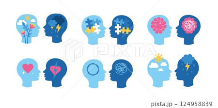 Psychology support. Mental health, positive and negative thinking. Psychotherapy. Mental mind. Anxiety, stress and relax, happiness. Good and bad situation inside head. Vector concept 124958839