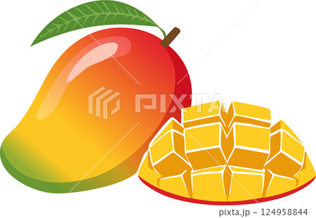 Fresh ripe mango fruit with cut cubes and slices isolated on white background. Tropical fruit concept for summer, healthy food, and exotic nutrition illustration. 124958844