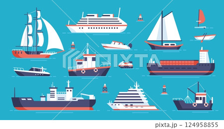 Flat ships. Cartoon boats and vessels. Sea yacht and cargo ship. Marine cruise ship, liners, steamboat and sailboat. Water transportation. Ocean nautical shipping boats. Vector set 124958855