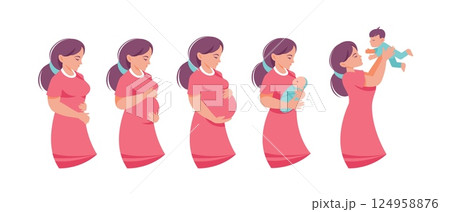 Pregnancy stages. Pregnant development. Cartoon calendar concept with changes in pregnant woman body. Woman with different belly size and birth newborn. Vector illustration Pregnancy stages. Pregnant development. Cartoon calendar concept with changes in pregnant woman body. Woman with different belly size and birth newborn. Vector illustration 124958876
